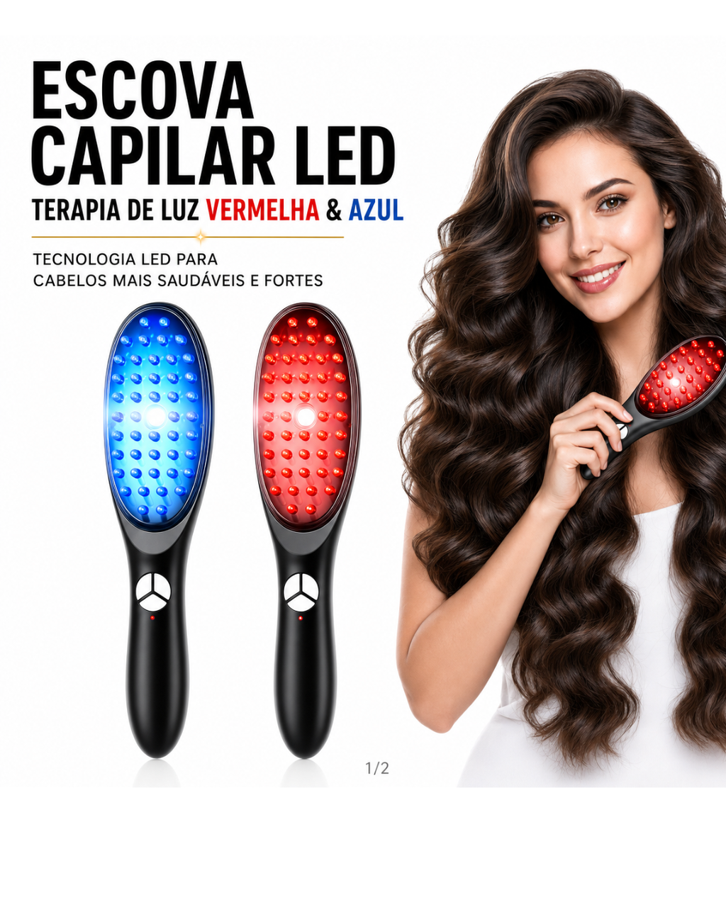 Escova Massageadora Capilar com LED 4 em 1 e Serum Principia para Estimulo de Crescimento e Fortalecimento dos Cabelos
