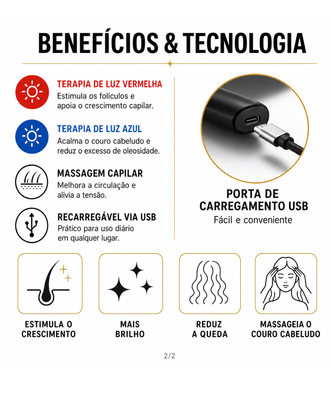 Escova Massageadora Capilar com LED 4 em 1 e Carga Para Serum para Crescimento e Fortalecimento dos Cabelos