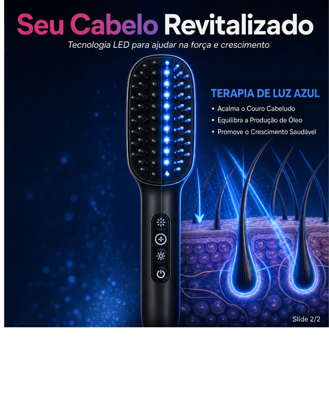 Escova Massageadora Capilar com LED 4 em 1 e Serum Principia para Estimulo de Crescimento e Fortalecimento dos Cabelos