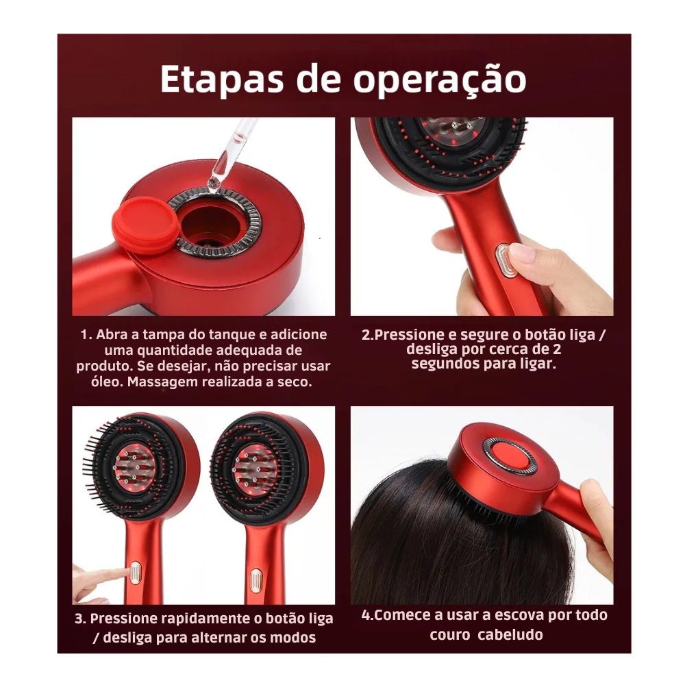 Escova Elétrica Massagem Couro Cabeludo e Terapia Led - Crescimento do Cabelo com Aplicador de Óleo