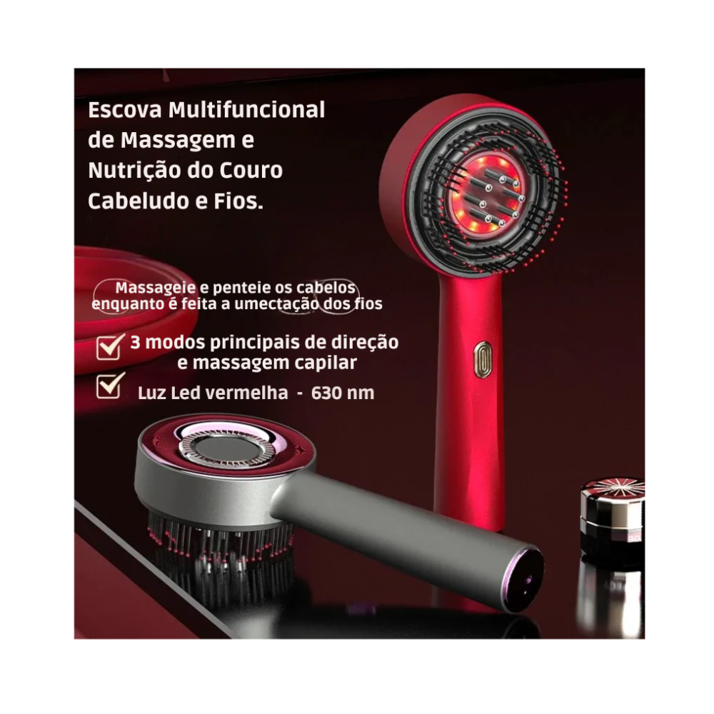 Escova Elétrica Massagem Couro Cabeludo e Terapia Led - Crescimento do Cabelo com Aplicador de Óleo