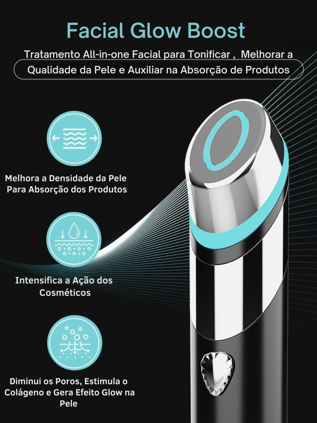 Glow Skin 4 em 1 – Dispositivo Facial com Microcorrente, Luz LED , Vibração e Calor para Pele, Firmeza e Melhor Absorção de Skincare
