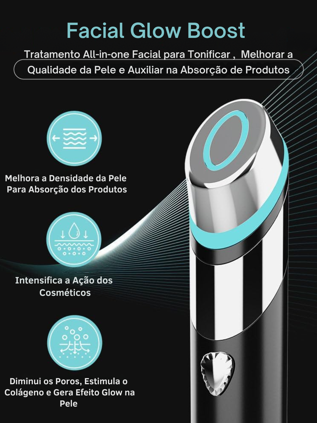 Glow Skin 4 em 1 – Dispositivo Facial com Microcorrente, Luz LED , Vibração e Calor para Pele, Firmeza e Melhor Absorção de Skincare