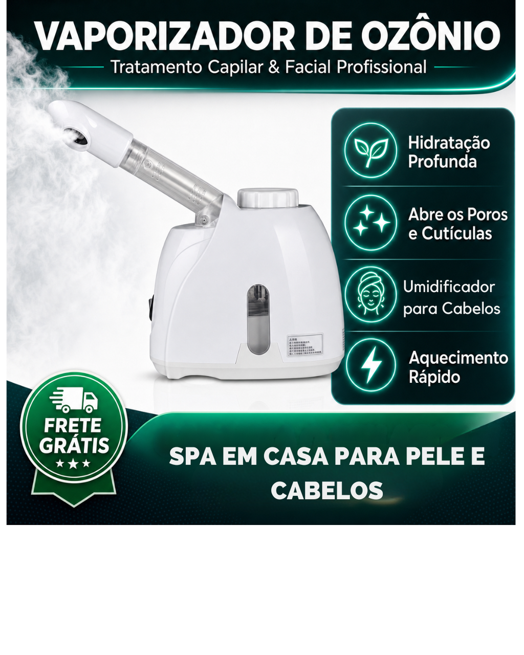 Aparelho Vaporizador Para Rosto e Cabelo com Óleo de Ozônio e Aloe Vera - Spa Facial em Casa