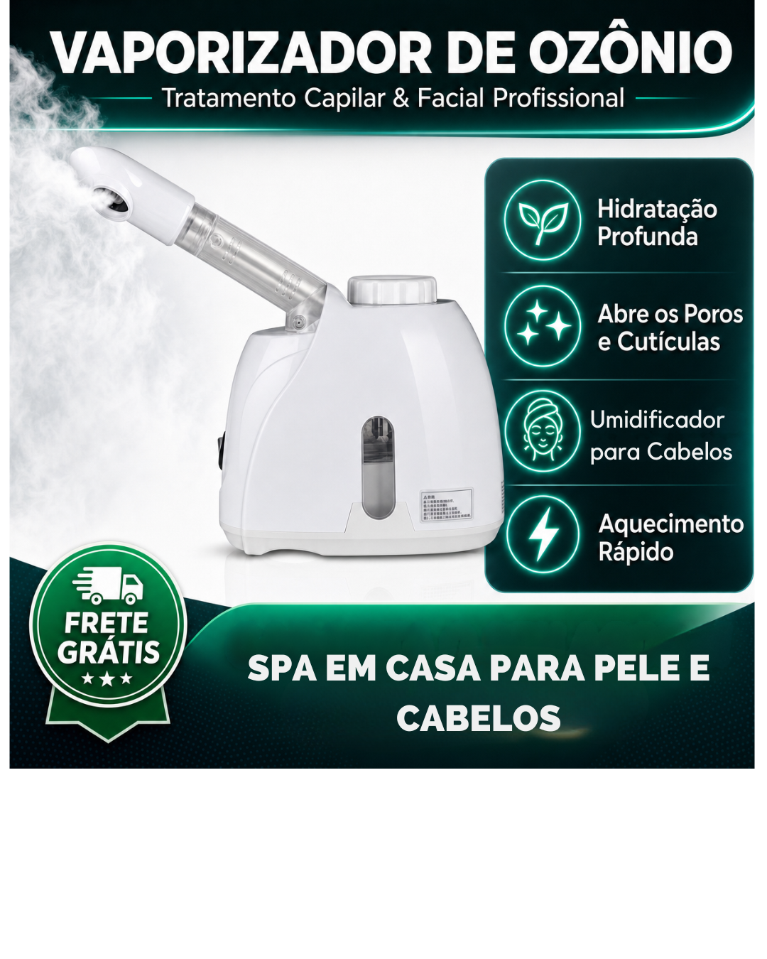 Aparelho Vaporizador Para Rosto e Cabelo com Óleo de Ozônio e Aloe Vera - Spa Facial em Casa