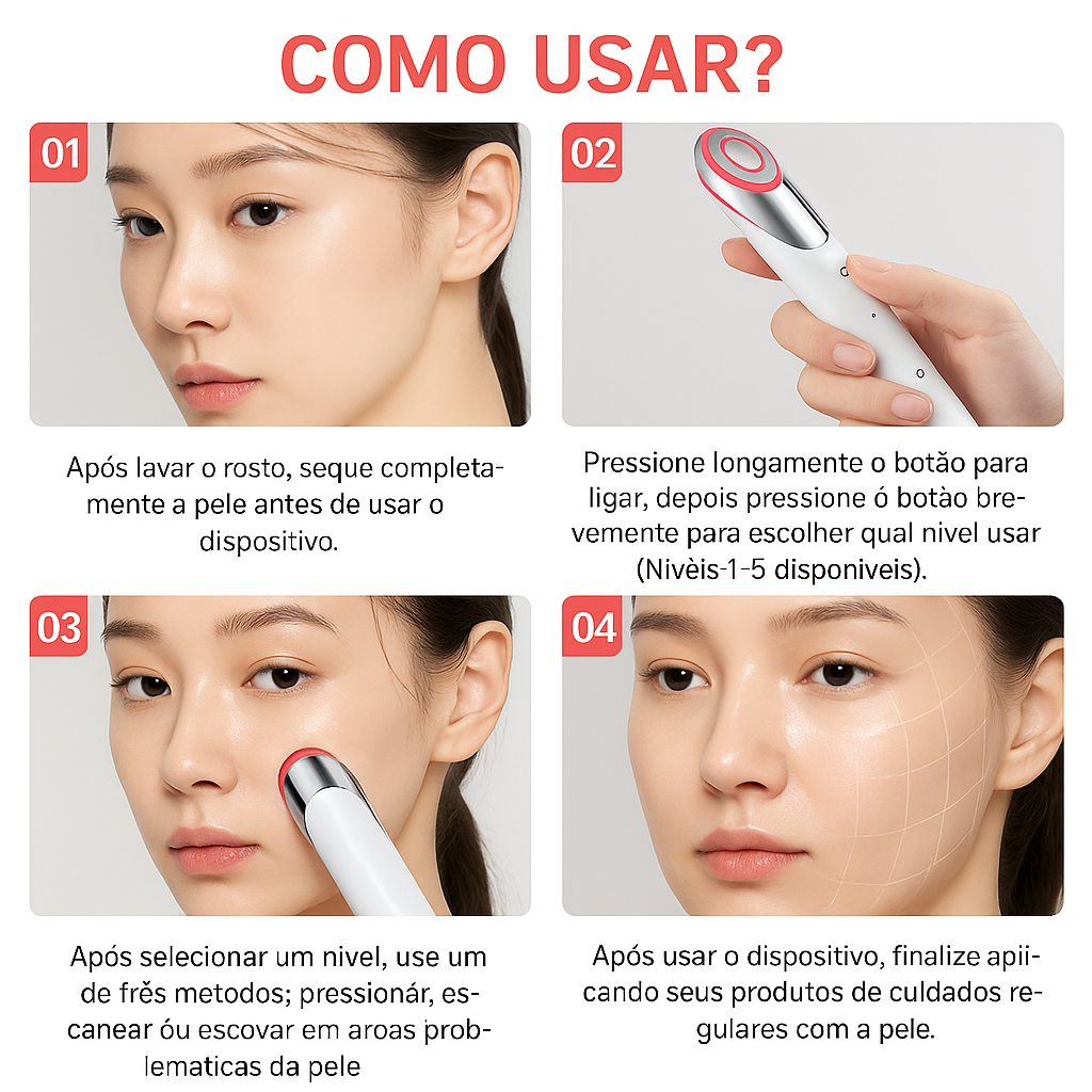 Glow Skin 4 em 1 – Dispositivo Facial com Microcorrente, Luz LED , Vibração e Calor para Pele, Firmeza e Melhor Absorção de Skincare