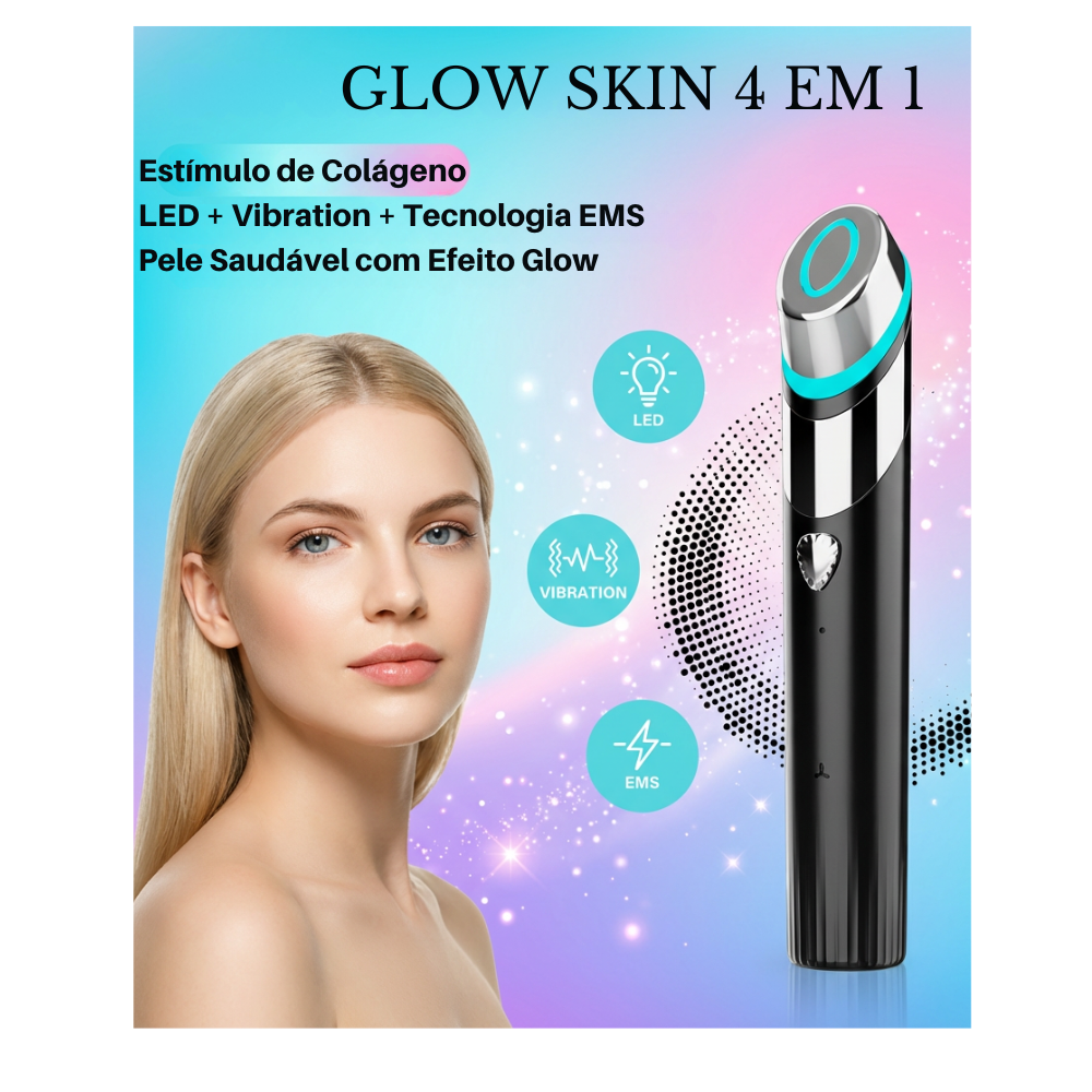 Glow Skin 4 em 1 – Dispositivo Facial com Microcorrente, Luz LED , Vibração e Calor para Pele, Firmeza e Melhor Absorção de Skincare